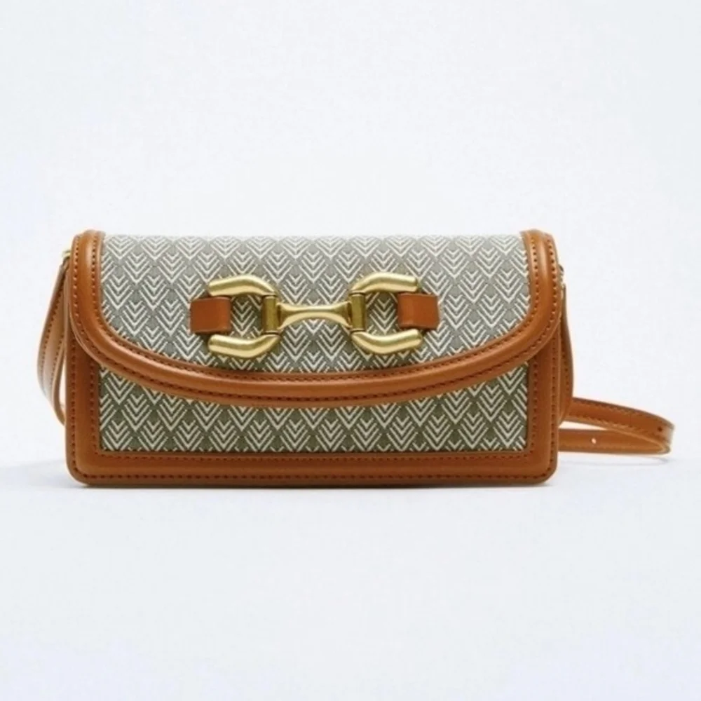 ZARA Tan Brown Small Crossbody Bag PU Leather Canvas Flap Satchel Purse